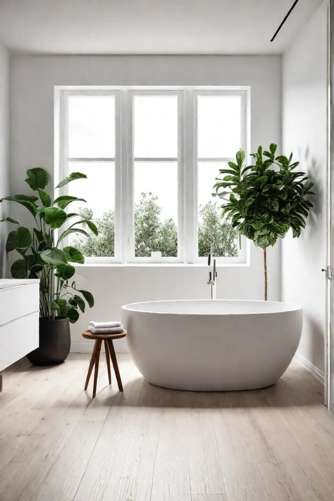 Bright bathroom with natural light and wood accents