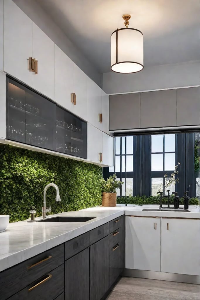 Cabinets with glassfront doors allowing a glimpse of colorful dishware and creating an open and inviting feel