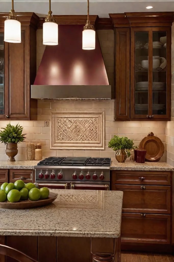 Classic kitchen design with burgundy and gold accents for a touch of elegance