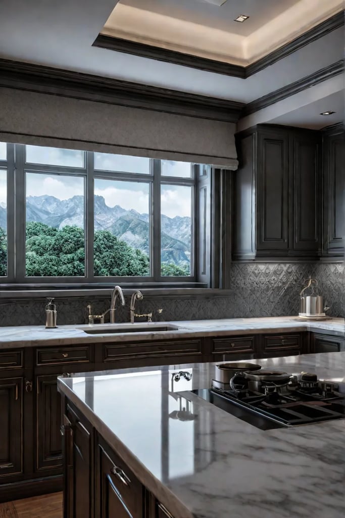 Classic kitchen with damask wallpaper and marble countertops