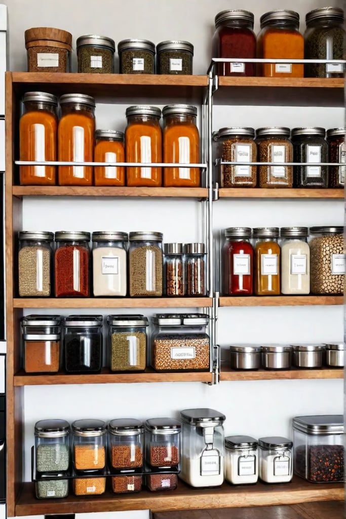 Clear containers and labeled spices on open shelves with a utensil pegboard in a cozy kitchen