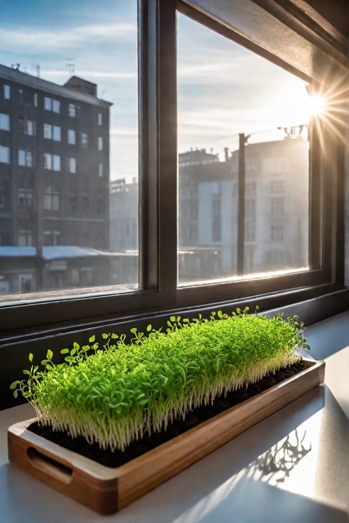 Closeup of a hand gently snipping fresh microgreens into a salad bowl