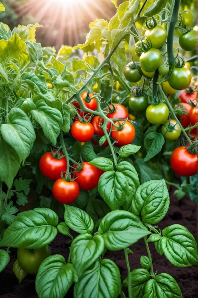 Closeup of homegrown tomatoes bathed in sunlight