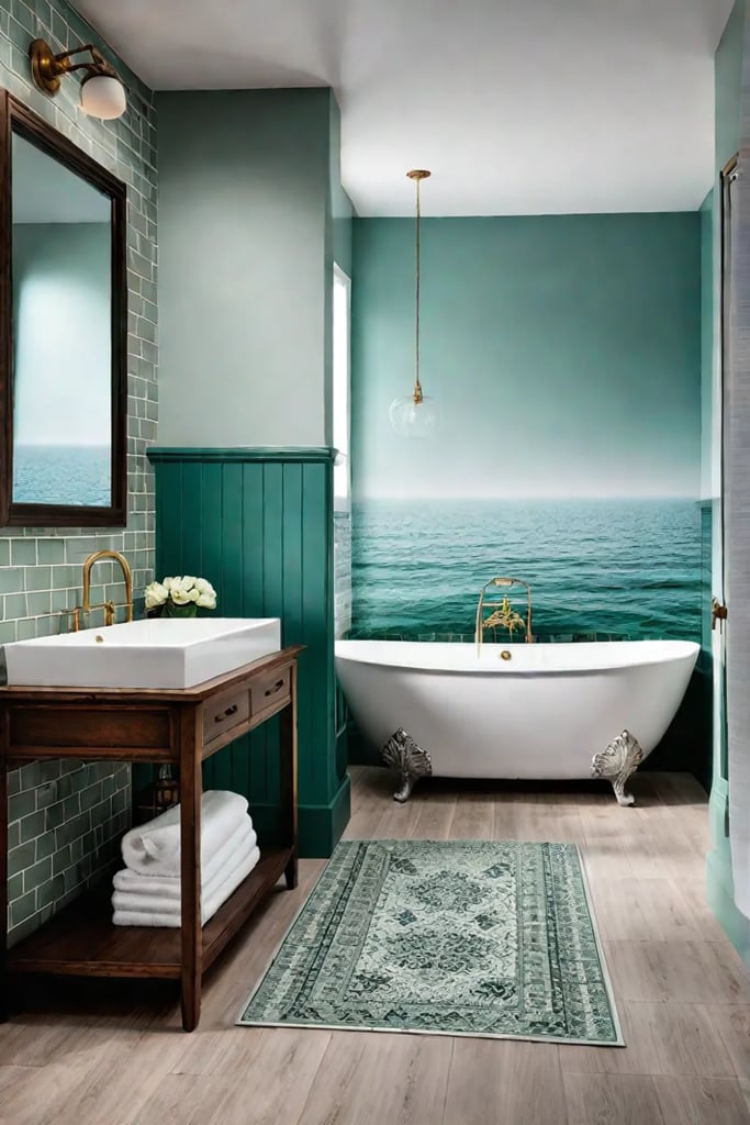 Coastal bathroom with layered textures and patterns