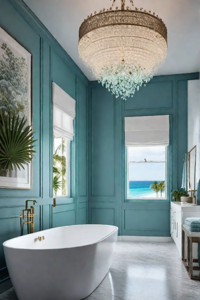 Coastal bathroom with metallic accents and chandelier