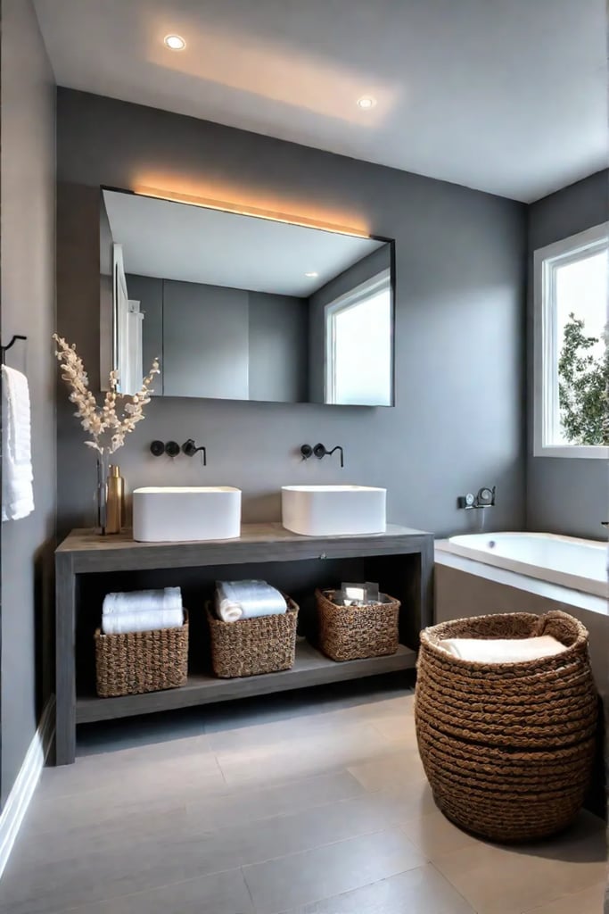 Coastal bathroom with textured walls and baskets