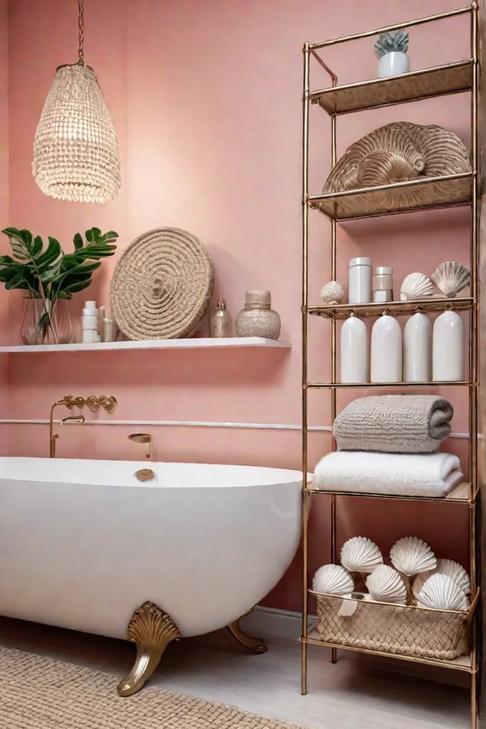Coastal bathroom with vintage vanity and seashells