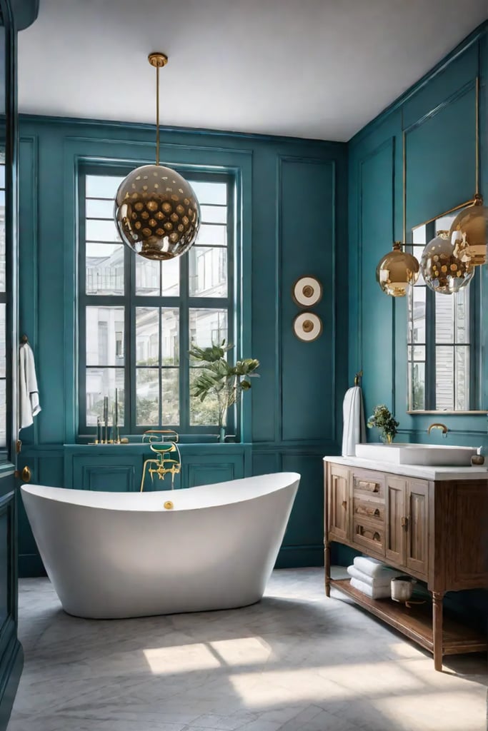 Colorful bathroom vanity with vibrant pendant lights