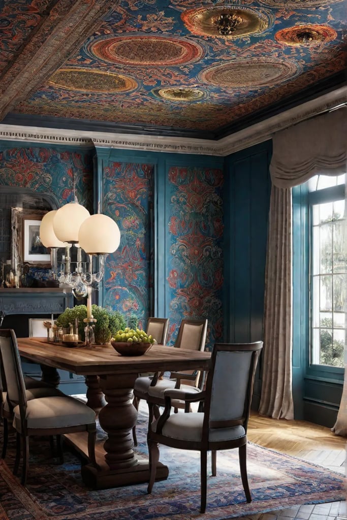 Colorful wallpaper adding a vibrant touch to a bohemian kitchen