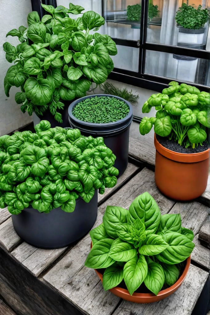 Compact edible garden with herbs and greens in containers