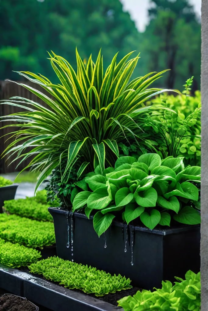 Container garden after rain highlighting drainage importance
