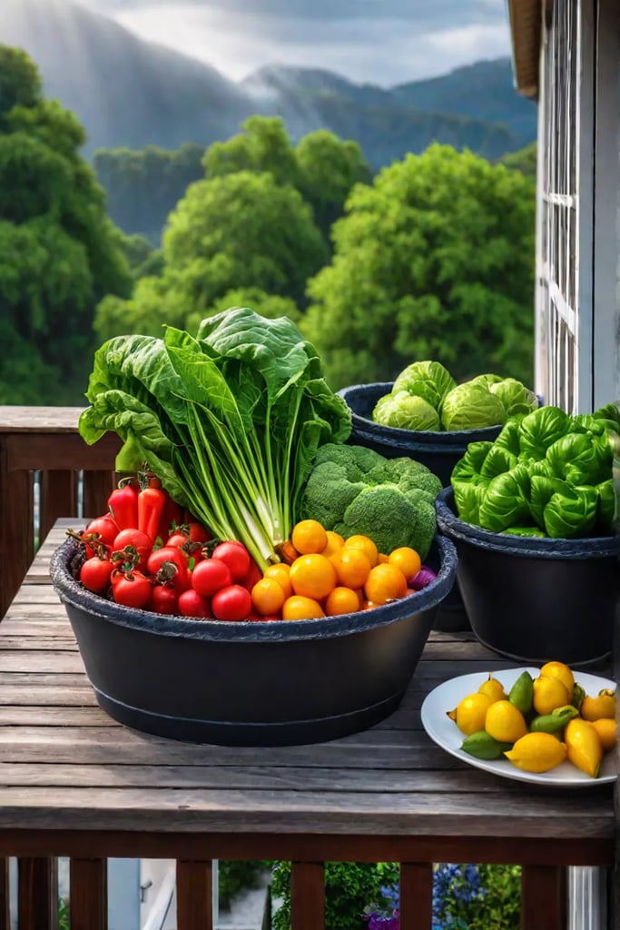 Container garden bursting with fresh vegetables on a balcony