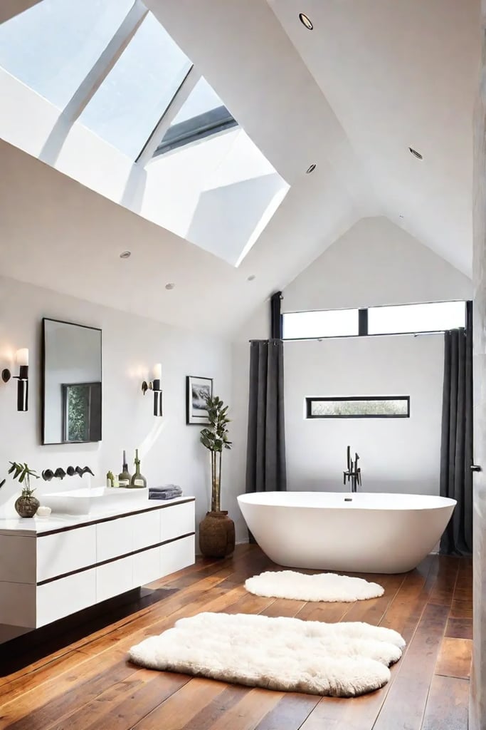Cozy bathroom with sheepskin rug and natural light