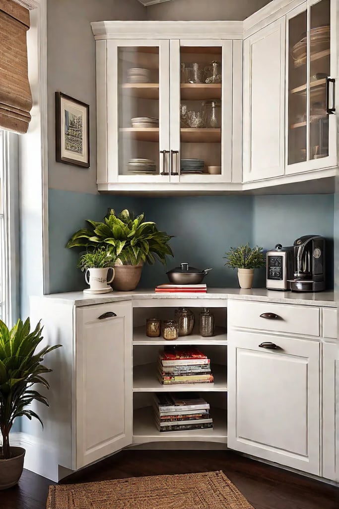 Cozy kitchen corner featuring a Lazy Susan and a wall shelf for storage and decor