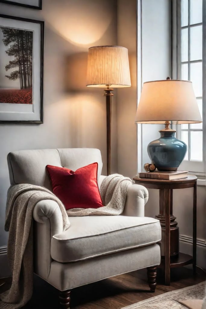Cozy kitchen corner with armchair and warm lighting