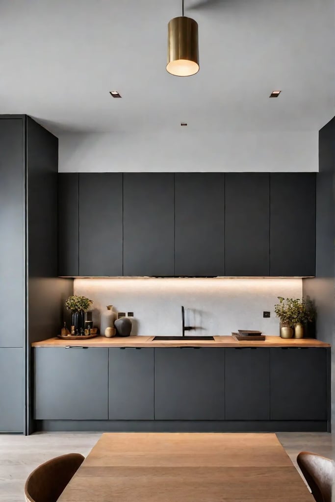 Dark grey kitchen cabinets with brass accents