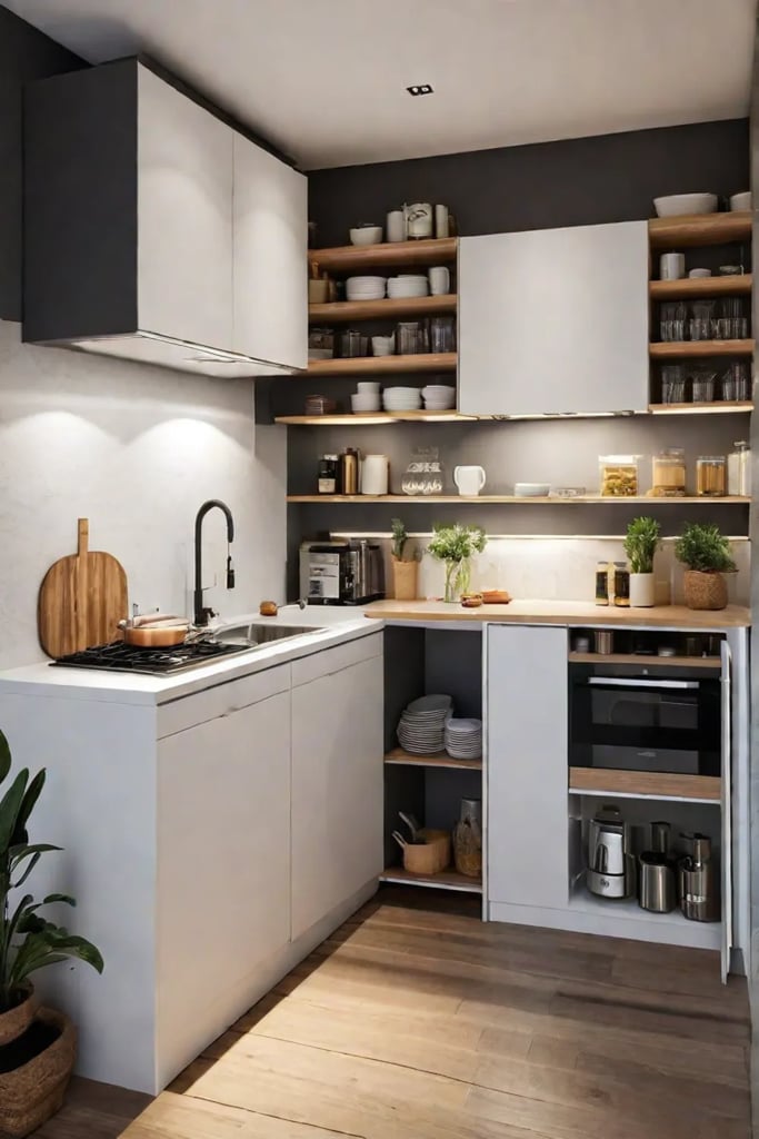 Decluttered tiny kitchen with open shelves