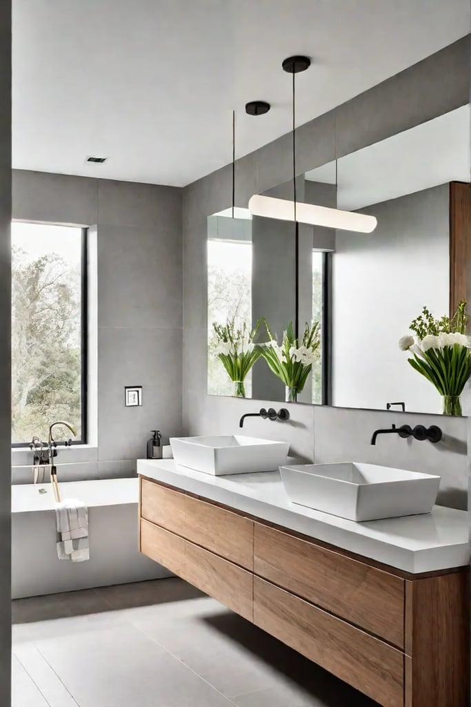 Double vanity with vessel sinks and wooden cabinets