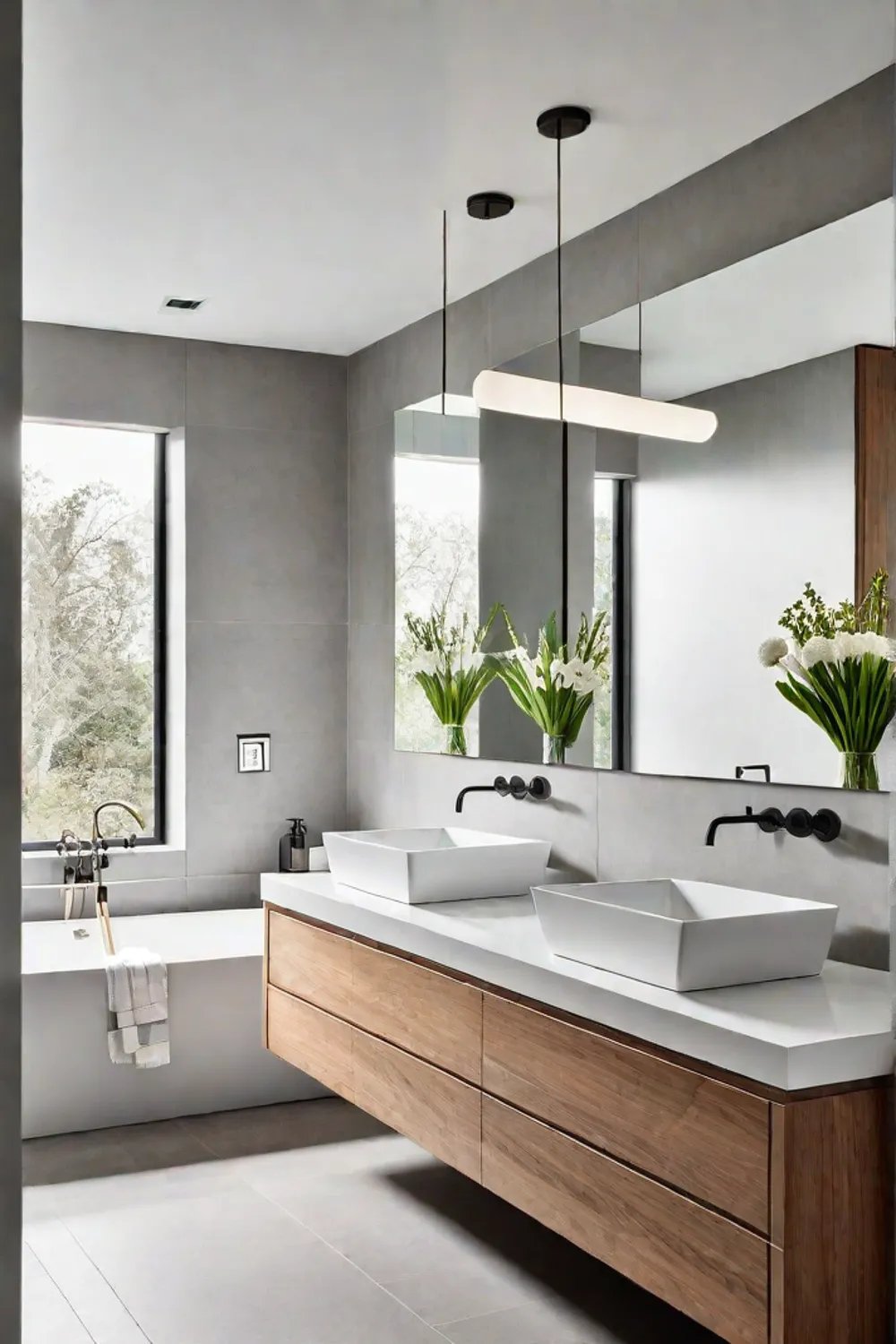 Double vanity with vessel sinks and wooden cabinets