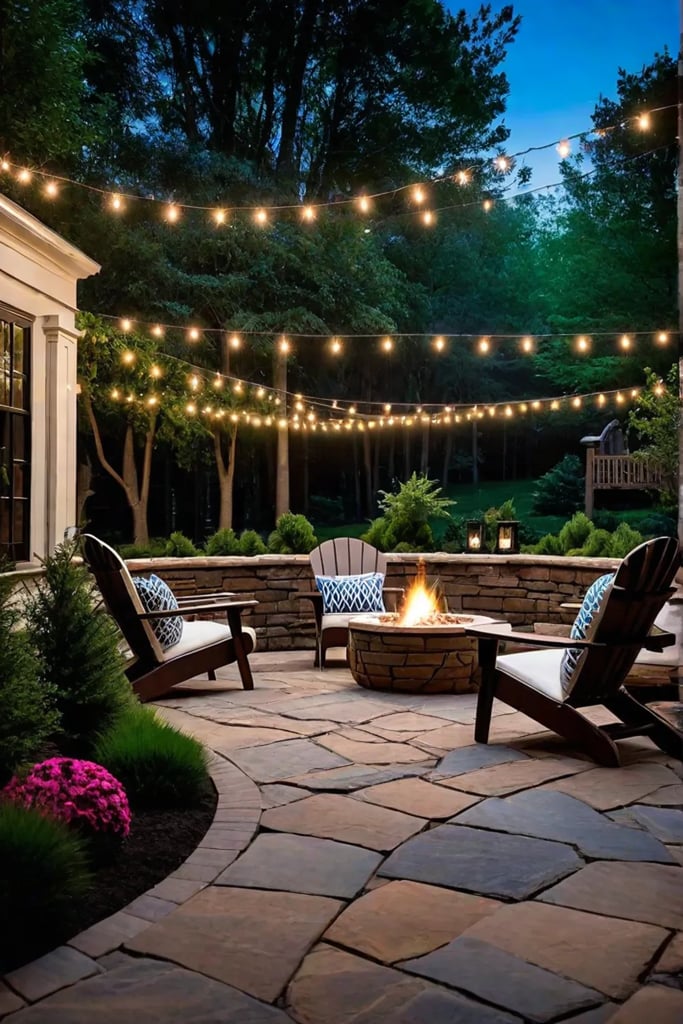 Enchanted outdoor space with fire pit and string lights