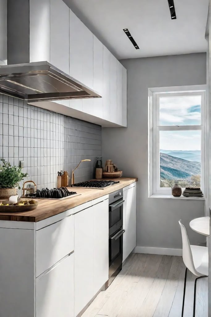 Floortoceiling cabinets maximize storage space in a small Scandinavian kitchen