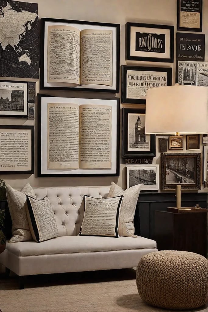 Framed book pages and vintage maps in a bedroom