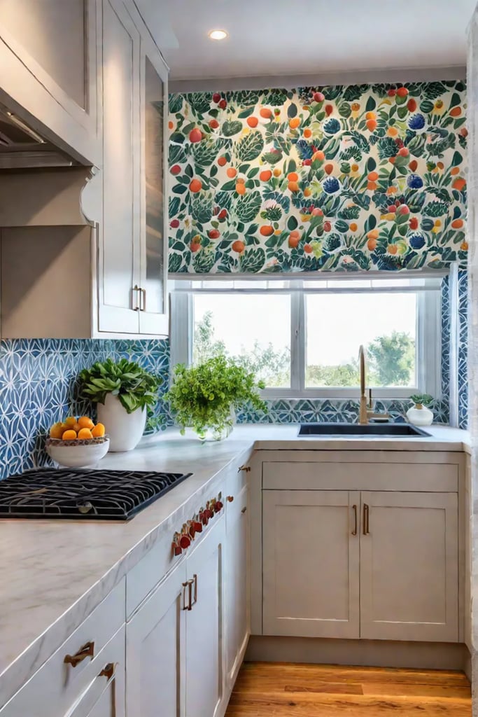 Fruitpatterned wallpaper inside kitchen cabinets