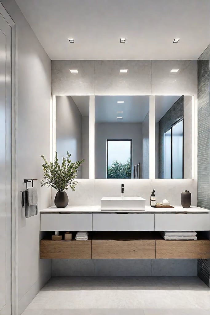 Functional and minimalist bathroom with floating vanity and white walls