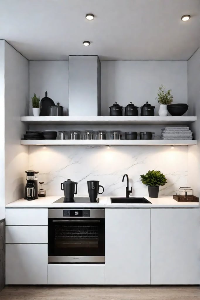 Functional kitchen with open shelving and spacesaving appliances