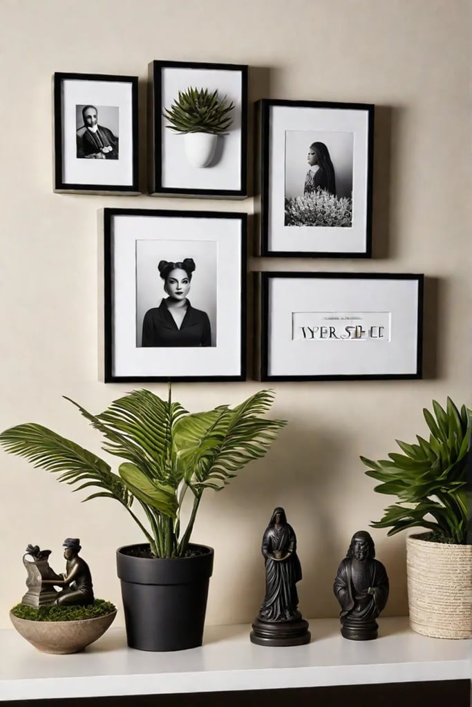 Gallery wall with floating shelves and sculptures