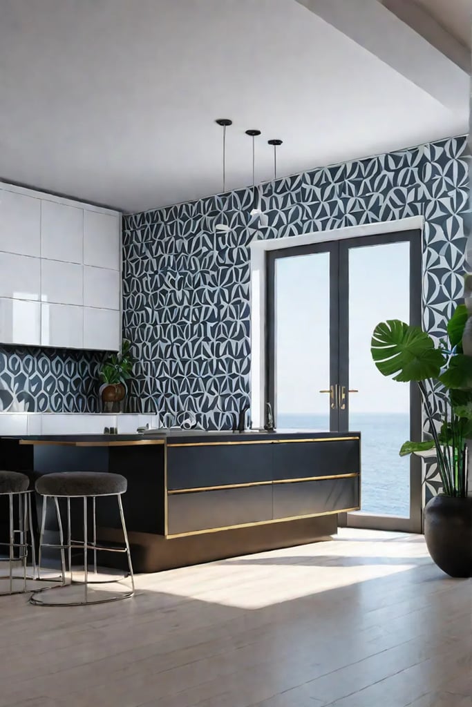 Geometric wallpaper on the ceiling of a minimalist kitchen