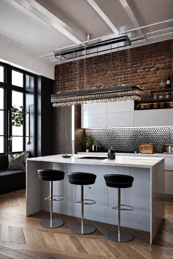 Glamorous touch in an industrial kitchen with wallpaper