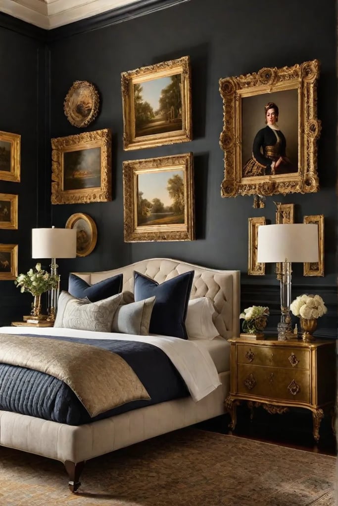 Gold frames with botanical prints in a master bedroom