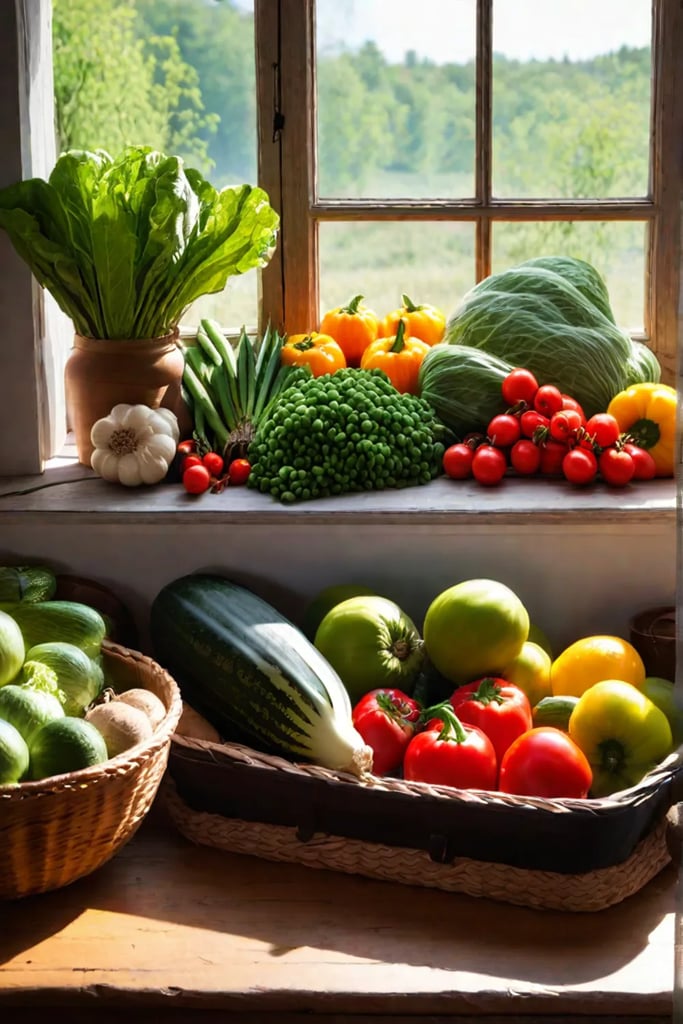 Heirloom vegetables spilling out of a woven basket onto a weathered wooden table