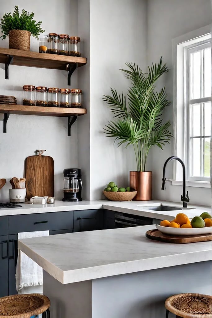 Hygge kitchen island with butcher block countertop and bar stools