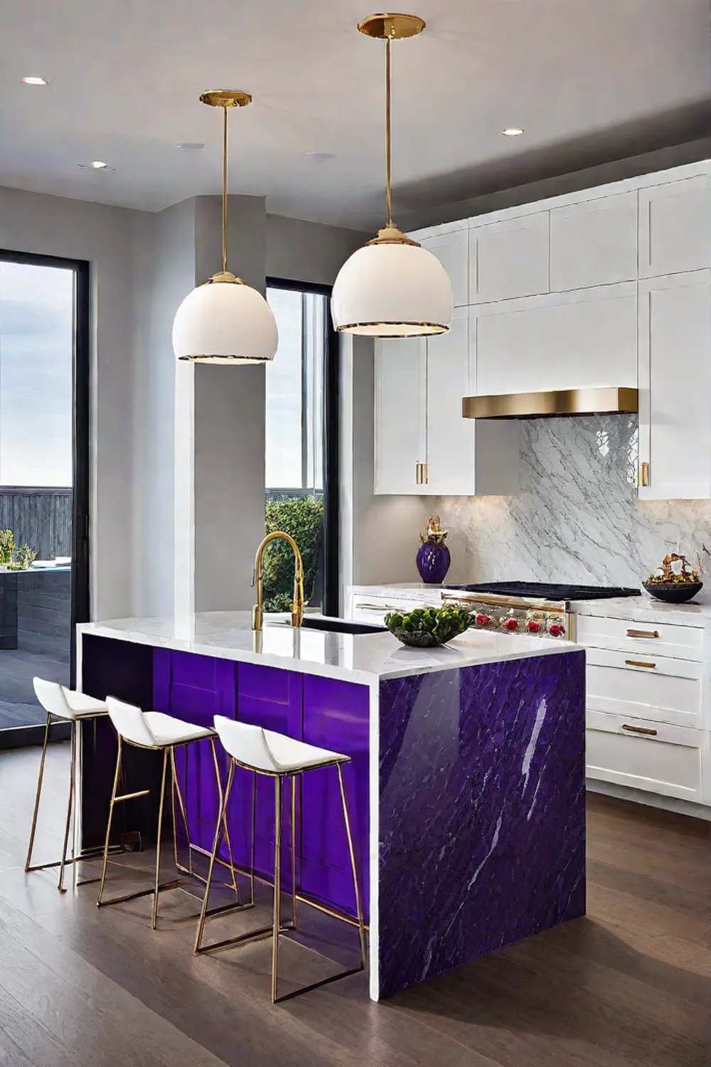 Kitchen with purple island and white cabinets