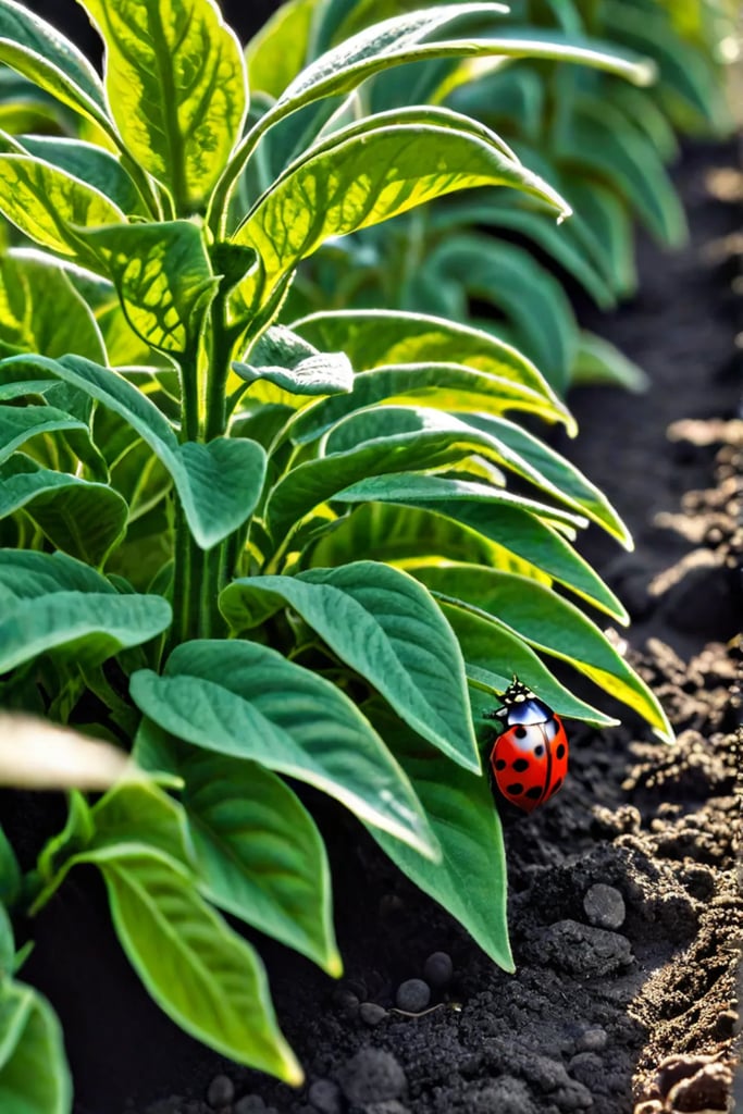 Ladybug on a tomato plant in a garden