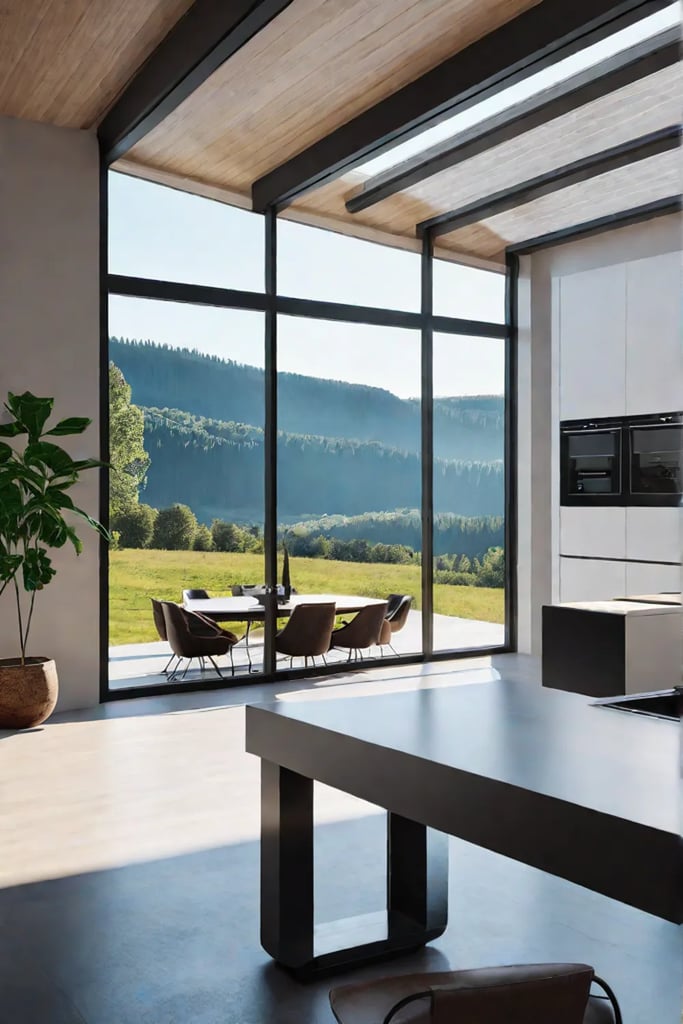 Large windows and lightcolored walls create a bright and inviting Scandinavian kitchen