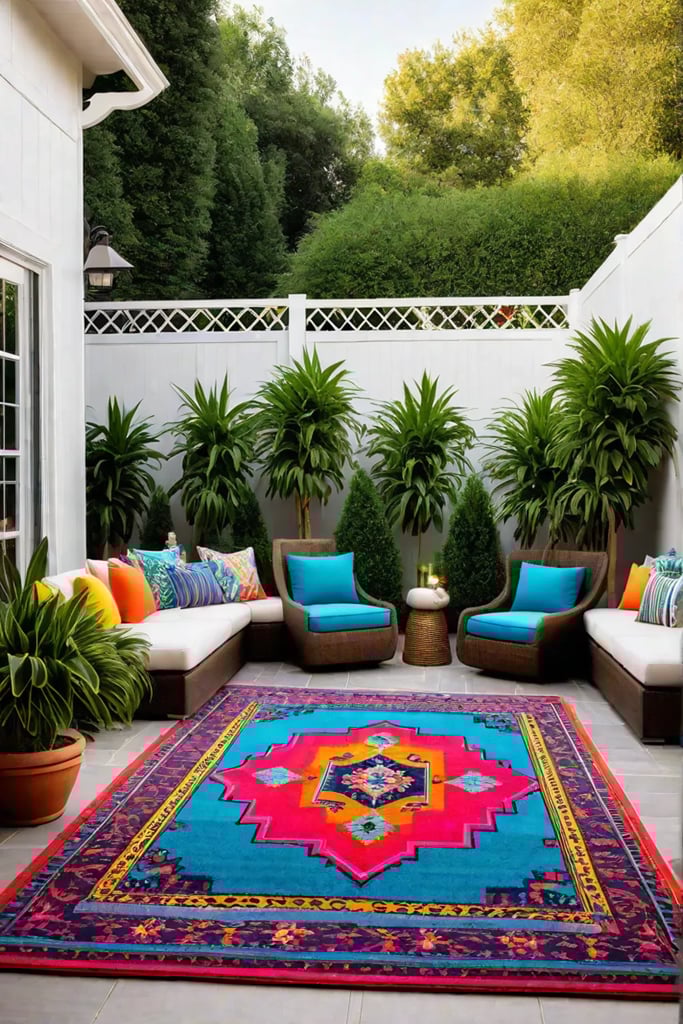 Lively outdoor space with playful lighting and potted plants