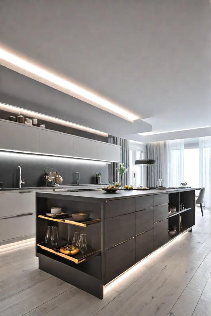 Luxurious Scandinavian kitchen with integrated appliances and a large island