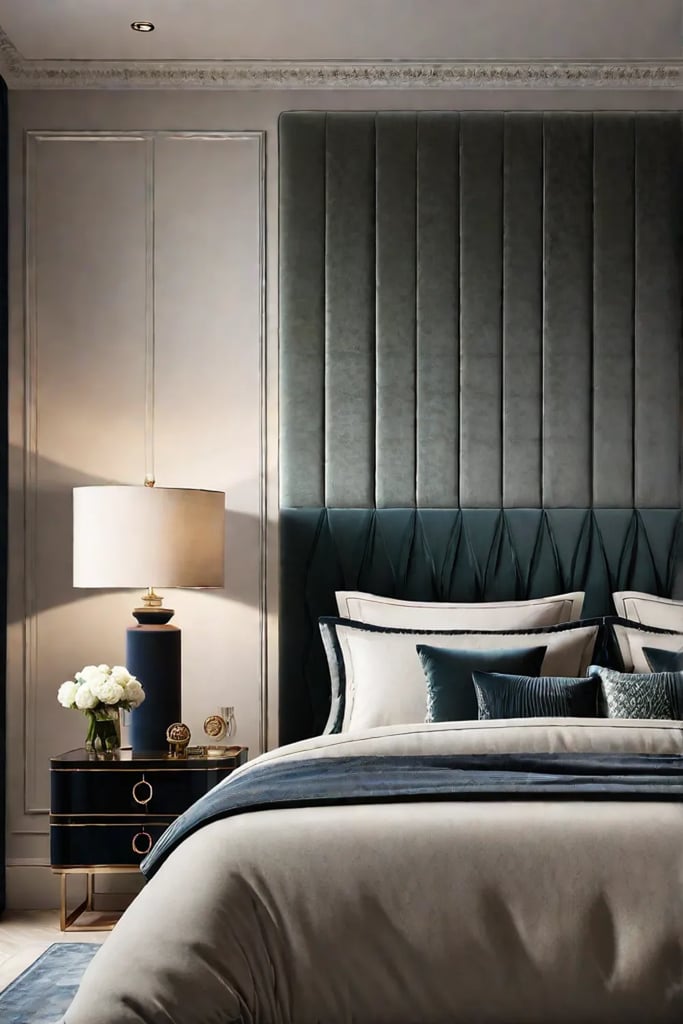 Luxurious bedroom with velvet headboard and calming tones