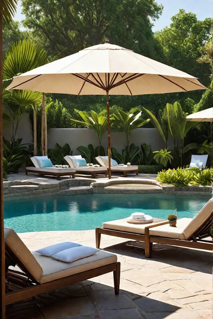 Luxurious outdoor space with pool and relaxation area