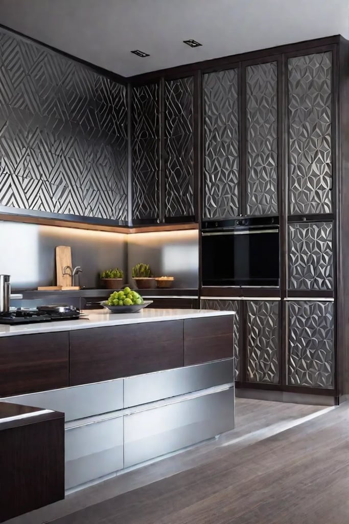 Metallic geometric wallpaper on an accent wall