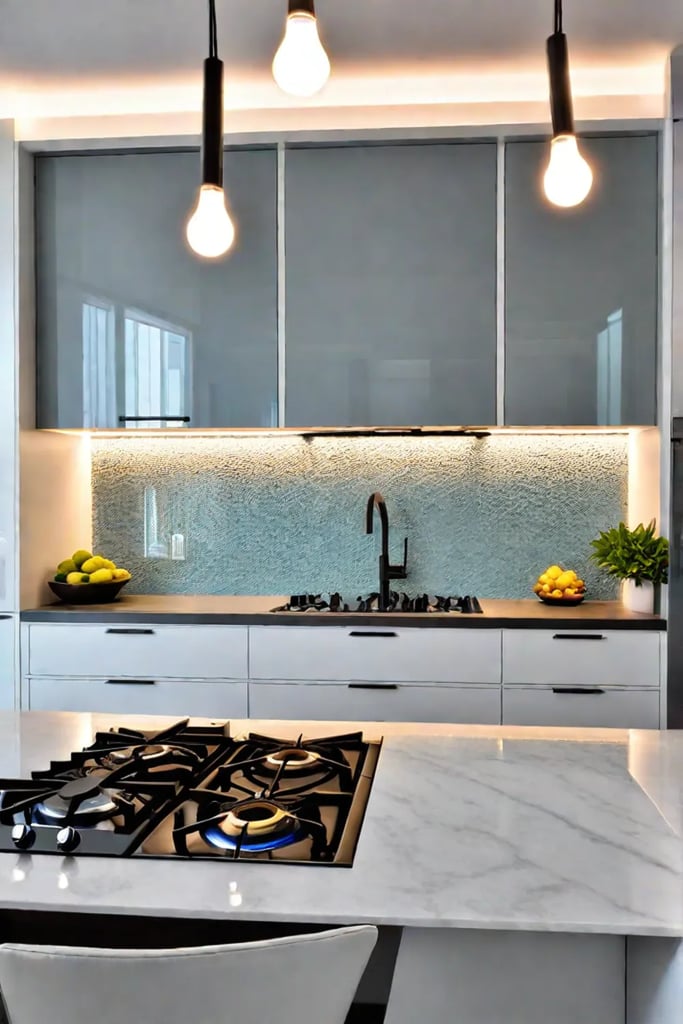 Metallic tile backsplash with undercabinet lighting