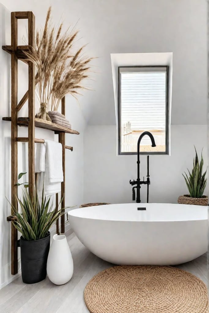 Minimalist bathroom with driftwood shelf