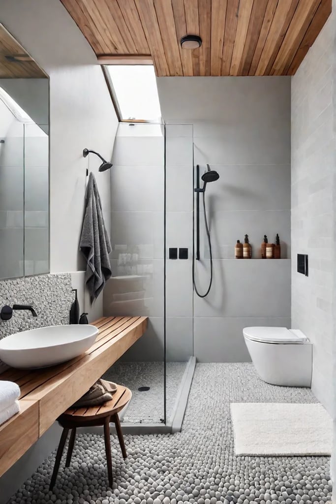 Minimalist bathroom with skylight and heated towel rack