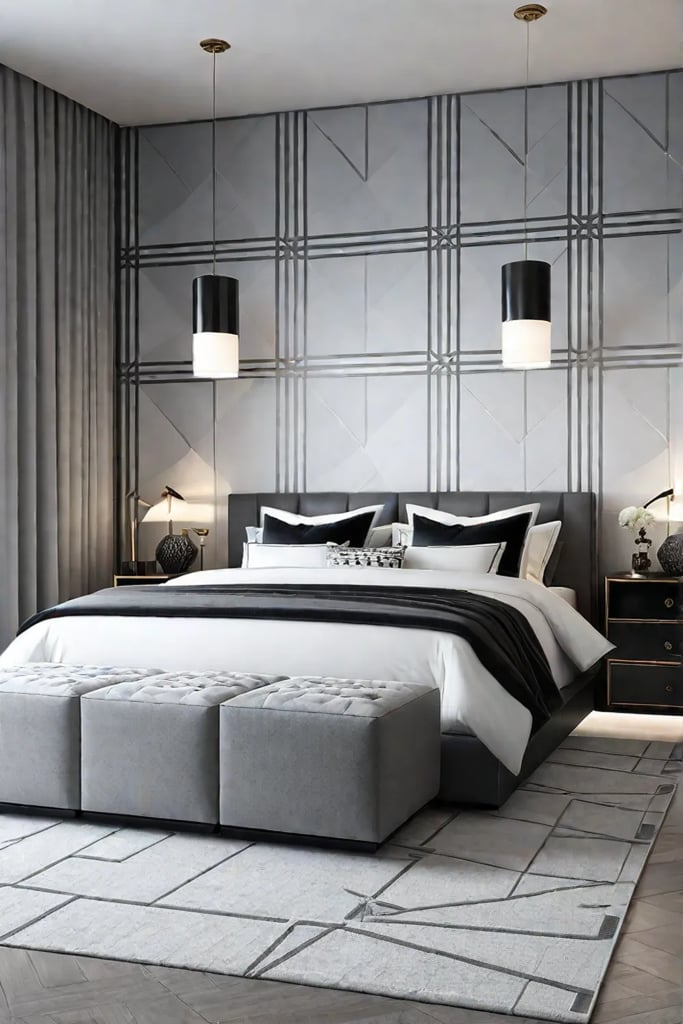 Minimalist bedroom with patterned wall covering