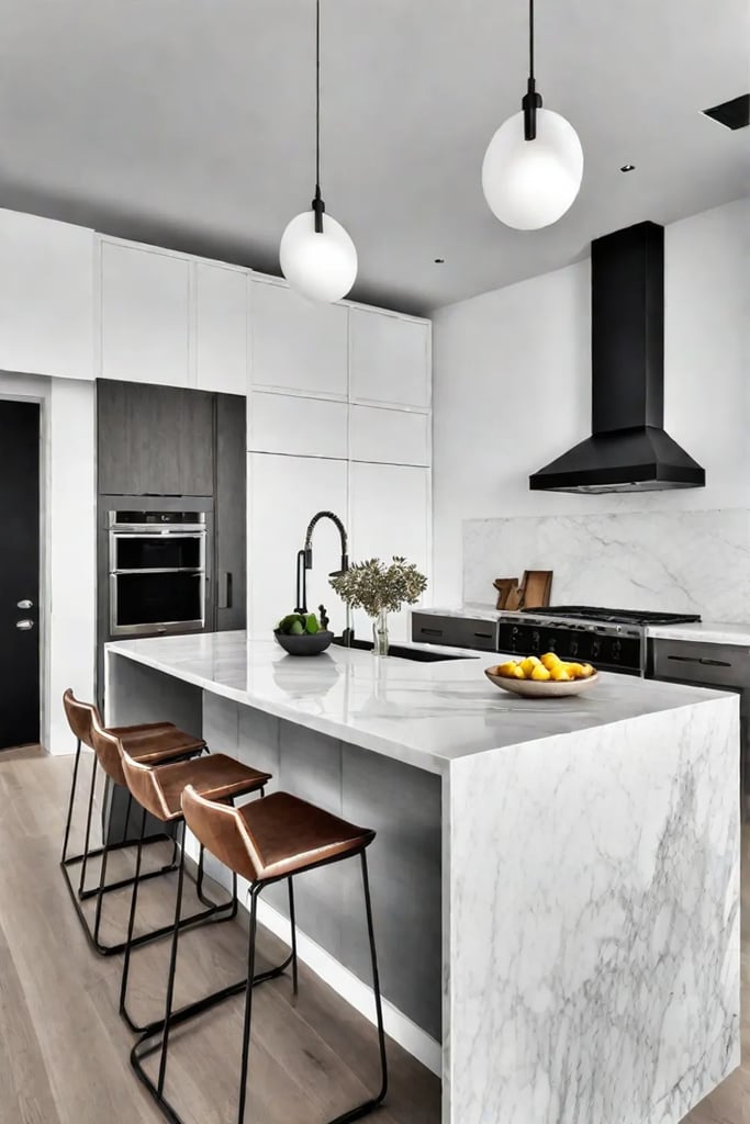 Minimalist kitchen with Muuto pendant lights and marble countertops