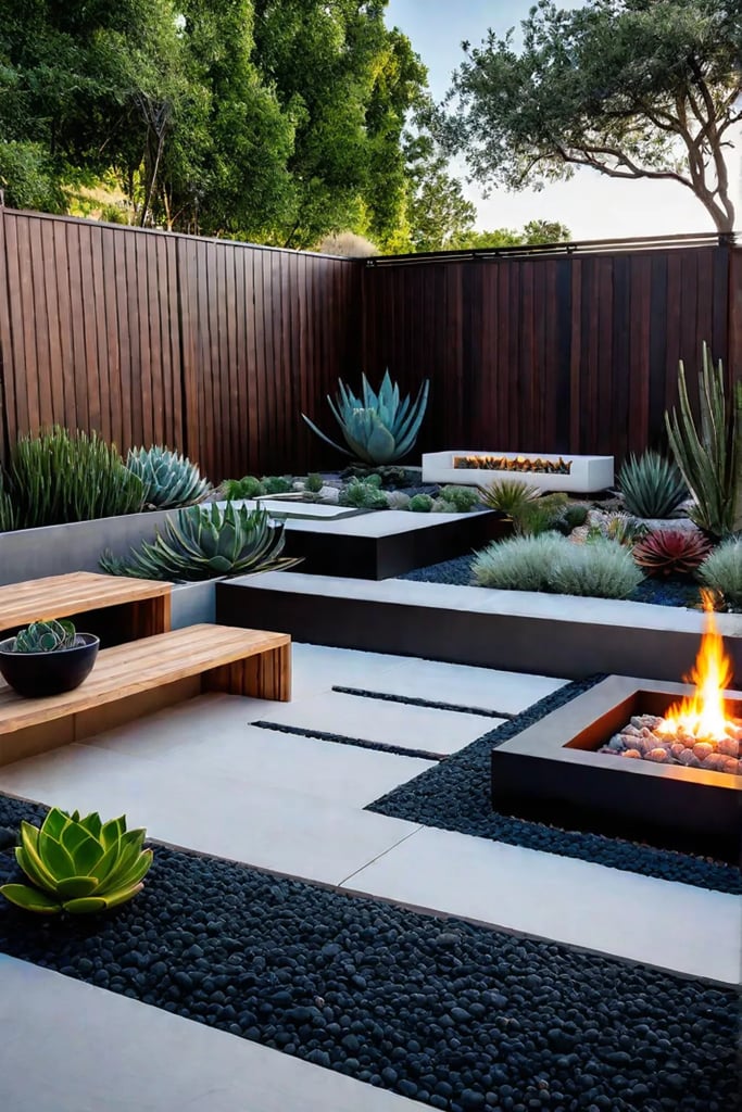 Modern backyard with a wood and metal fence