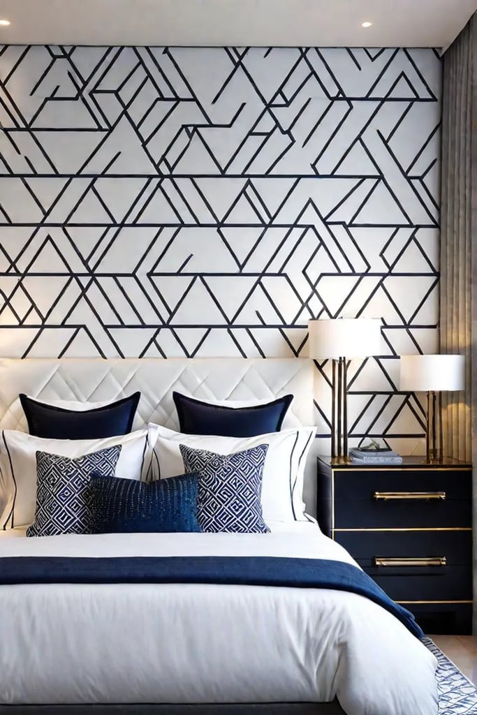 Modern bedroom with geometric wallpaper